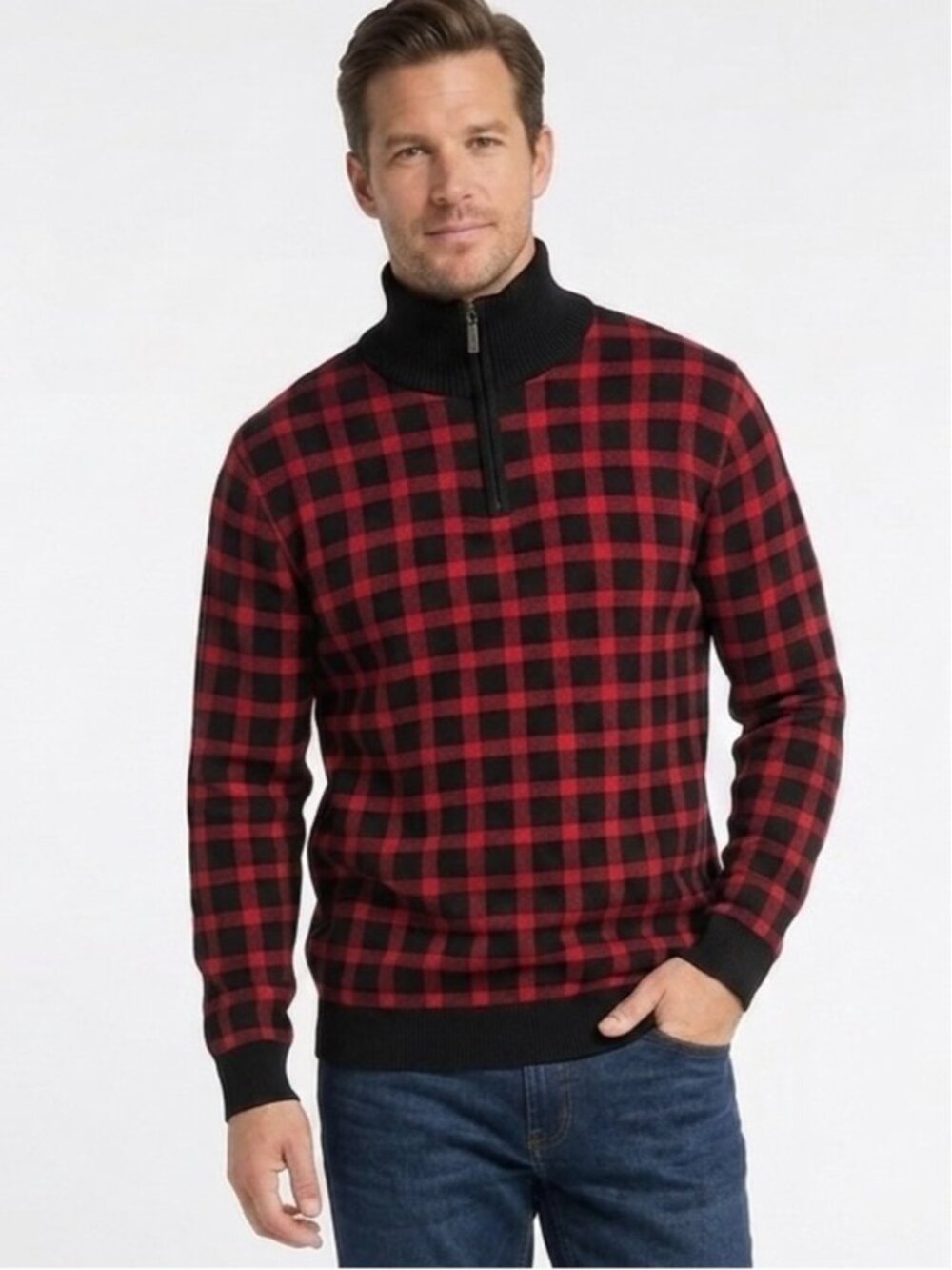 Buffalo David Bitton Men's Red& Black Buffalo Plaid Quarter-Zip Knit Sweater 412